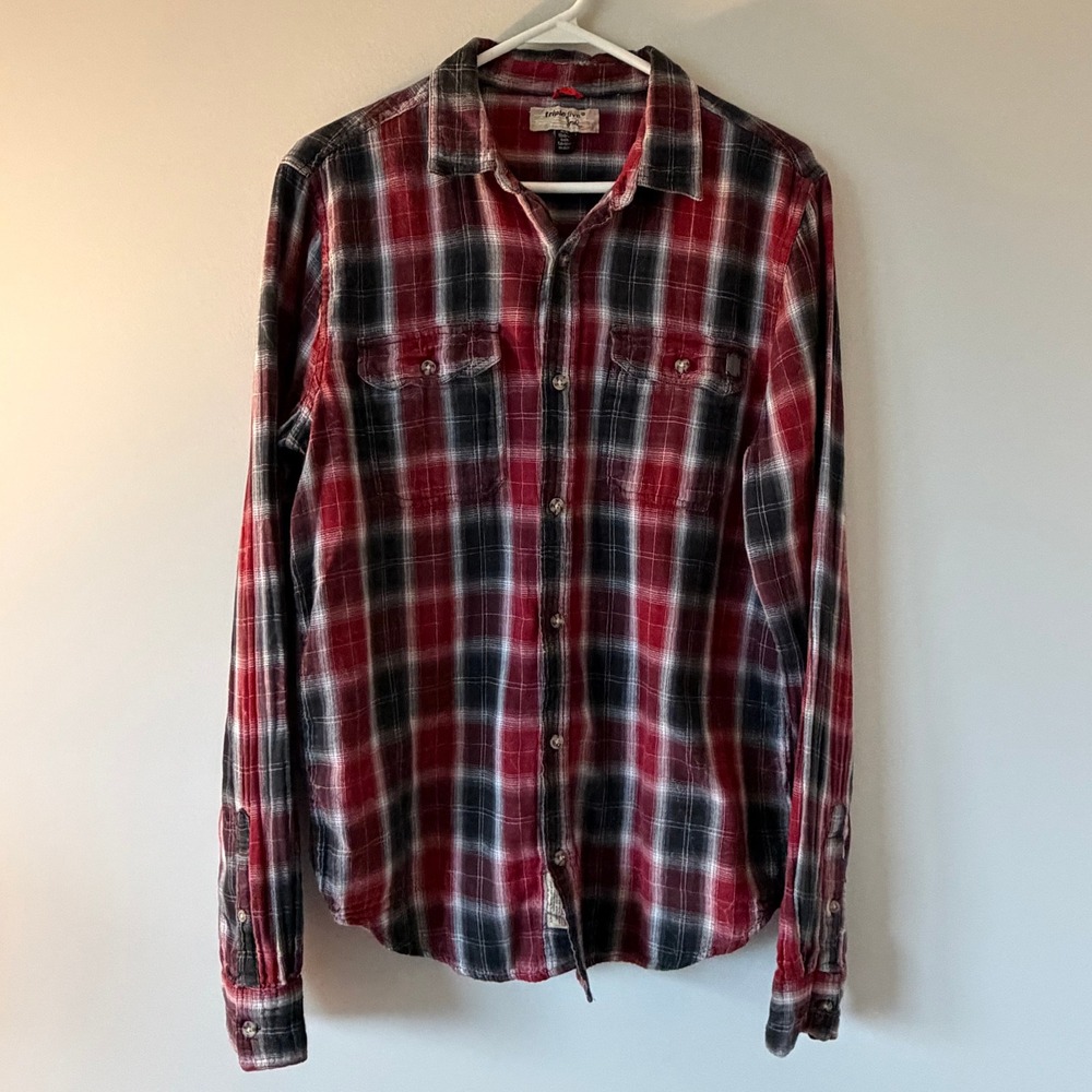 Triple Five Soul Mens Red Black Plaid Cotton Button Down Shirt Size‎ Large